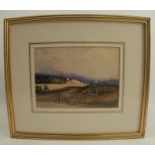 Louis Godefroy Jadin, watercolour, landscape with figures and distant hills, 5.5ins x 7.75ins