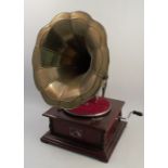 An His Master’s Voice gramophone, with brass horn