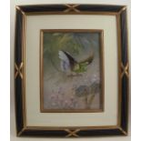 W E Powell, watercolour, a green parakeet on a perch with feeder below, 11.5ins x 9ins