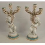 A pair of 19th century Copeland porcelain candelabra, in turquoise and white, the three sconces