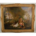 In the manner of Henry Andrews, in the style of Watteau, an oil on canvas, figures in landscape,