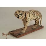 A Victorian automaton pull along tiger, with nodding head and moving jaw, on a pine base, with metal