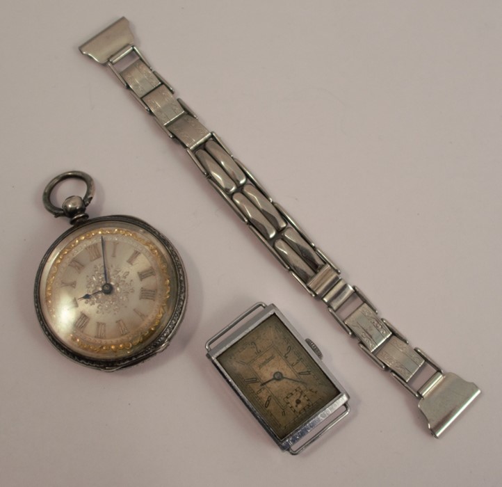 A silver fob watch, with bar movement, cylinder escapement, together with a Sagendorf wrist watch,