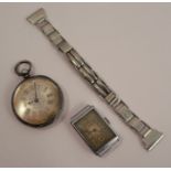 A silver fob watch, with bar movement, cylinder escapement, together with a Sagendorf wrist watch,