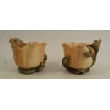 A pair of Royal Worcester blush ivory Japanesque vases, decorated with lily pad, terrapin and
