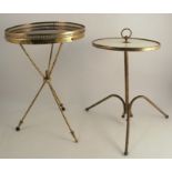A French circular table, with pierced brass galleried border, raised on three cross stick legs