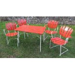 A set of six garden chairs, comprising 4 armchairs and two single chairs, with red painted wooden