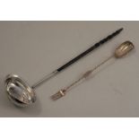 An hallmarked silver Georgian toddy ladle, set with a Venetian Ducat, London 1802, together with