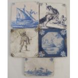 Four various tiles, two decorated with figures, one with a boat, one with a landscape, all