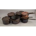 A collection of six copper saucepans, five having covers, the one stamped Capel, approximate width