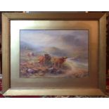H Stinton, watercolour, highland cattle, 10ins x 14insCondition Report: Minor spotting to the sky