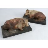 A pair of 19th century carved marble models, of recumbent cows, on rectangular black marbles