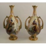 A pair of large Royal Worcester vases, decorated with peacocks and peahens in pine trees, shape