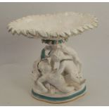 A 19th century Copeland porcelain oval comport, in turquoise and white, with leaf edge, supported by
