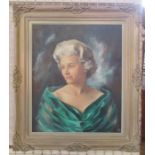 A 20th century English School, oil on canvas, portrait of a woman in a green dress, 23.5ins x 19ins