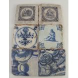 Six various tin glazed tiles, two with printed designs of fruit, two forming part of a larger panel,