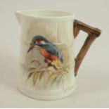 A Royal Worcester rustic jug, decorated with a kingfisher by William Powell, height 2.