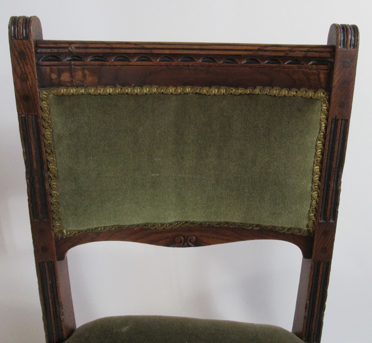 A set of six Edwardian oak dining chairs, with moulded sides, and cotton reel turned legs united - Image 2 of 3