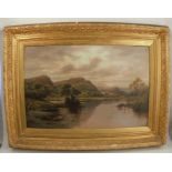 E Heaton, oil on canvas, a river landscape with sheep, 20ins x 30ins