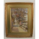 Charles Haigh-Wood, watercolour, Children fishing from a Bridge, 19.5ins x 13.5ins