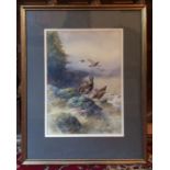 W E Powell, watercolour, grouse in a landscape 13.5ins x 9.5ins
