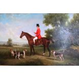 After Benjamin Lander, oil on board, a huntsman in the pink astride a horse, 15ins x 23ins