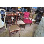 A PAIR OF EDWARDIAN STYLE CHAIRS WITH MOTHER OF PEARL DECORATION, TOGETHER WITH AN EDWARDIAN