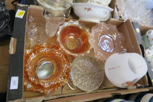 A BOX OF GLASS INCLUDING CARNIVAL GLASS, ETC.