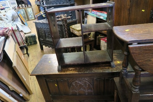 AN OAK COFFER, WIDTH 39INS X HEIGHT 20.5INS, TOGETHER WITH SET OF SHELVES, NEST OF TABLES, - Image 2 of 4