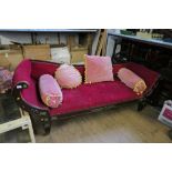 A CHAISE LONGUE, WITH APPLIED GILT MOUNTS, SOME MISSING, TOGETHER WITH CUSHIONS