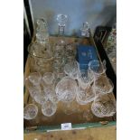 A BOX OF ASSORTED SUNDRY GLASS TO INCLUDE WINE GLASSES, DECANTERS, ETC.