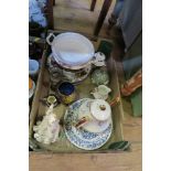 A BOX OF SUNDRY CHINA AND GLASS, INCLUDING ORNAMENTS AND WEDGWOOD COVERED POT