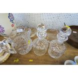 A COLLECTION OF GLASS, TO INCLUDE GLASS JUG, PAIR OF DECANTERS AND TWO BOWLS
