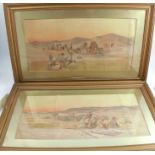 Otto Pilny, pair of watercolours, Arabs and camels in desert landscape, dated 1920, 11.5ins x 22.