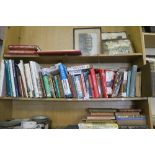 A SHELF OF BOOKS, INCLUDING ANTIQUE REFERENCE BOOKS, JILLY COOPER, ETC.
