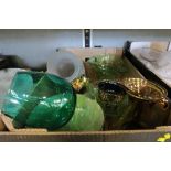 A BOX OF SUNDRY GLASS INCLUDING JUG, VASES, ETC.