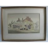 Sybil Mullen Glover, watercolour, thatched cottage and chickens, 11ins x 18ins, together with