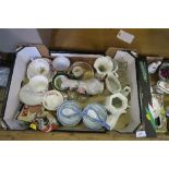 A BOX OF CHINA TO INCLUDE ORIENTAL FIGURE, ROYAL WINTON, ETC.