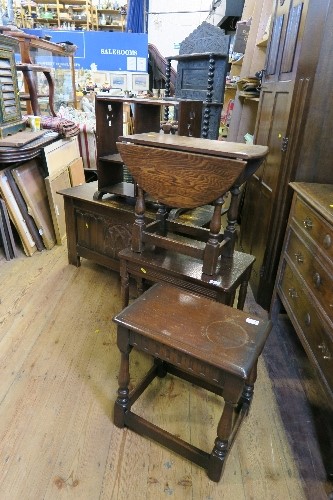 AN OAK COFFER, WIDTH 39INS X HEIGHT 20.5INS, TOGETHER WITH SET OF SHELVES, NEST OF TABLES,