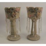 A pair of Victorian glass lustres, decorated with flowers and insects to a grey ground, with clear