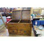 A COFFEE TABLE, BENCH, STOOL, BOX WITH LIFT UP LID CONTAINING COMPARTMENTS AND DRAWERS, STOOL,
