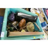A BOX OF SUNDRIES TO INCLUDE WOODEN TRAY, PAIR OF WOODEN CANDLE STICKS, BUST OF ELGAR, ETC.