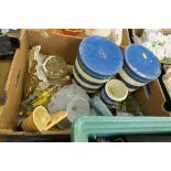 A BOX OF SUNDRIES TO INCLUDE BLUE AND WHITE TINS, T G GREEN CANISTER, WALL POCKET, ETC.