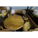 A BOX OF TRIBAL ITEMS, INCLUDING FLY WHISK, DRUM, ETC.