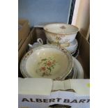 A BOX OF ASSORTED CHINA TO INCLUDE FLAN DISHES, CROWN DUCAL, ETC.