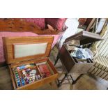 A WALNUT SEWING TABLE, TOGETHER WITH A CONVERTED HMV GRAMOPHONE WITH SEWING ACCESSORIES