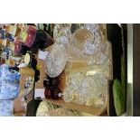 A BOX OF ASSORTED GLASS TO INCLUDE CRANBERRY, GLASS STAND, DRESSING TABLE SET AND BOHEMIAN CRYSTAL