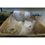2 BOXES OF SUNDRY GLASS INCLUDING CUT GLASS EXAMPLES, DECANTER, FLUTES, ETC.
