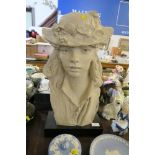 A PLASTER BUST OF A LADY WEARING A HAT, STAMPED RODIN, AUSTIN PRODUCT 1979