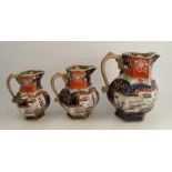 A set of three 19th century Mason Ironstone graduated hydra jugs, of hexagonal baluster form,